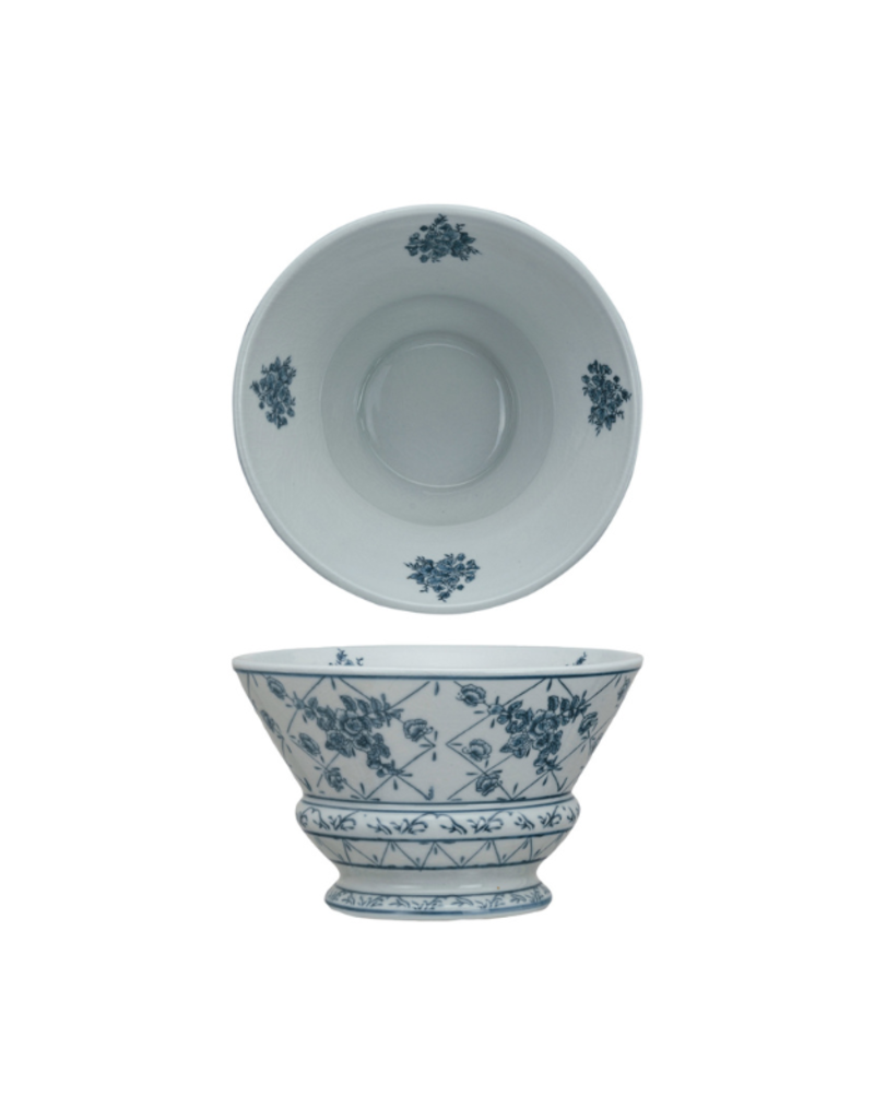 Creative Co-Op Hand-Painted Blue & White Porcelain Pedestal Bowl