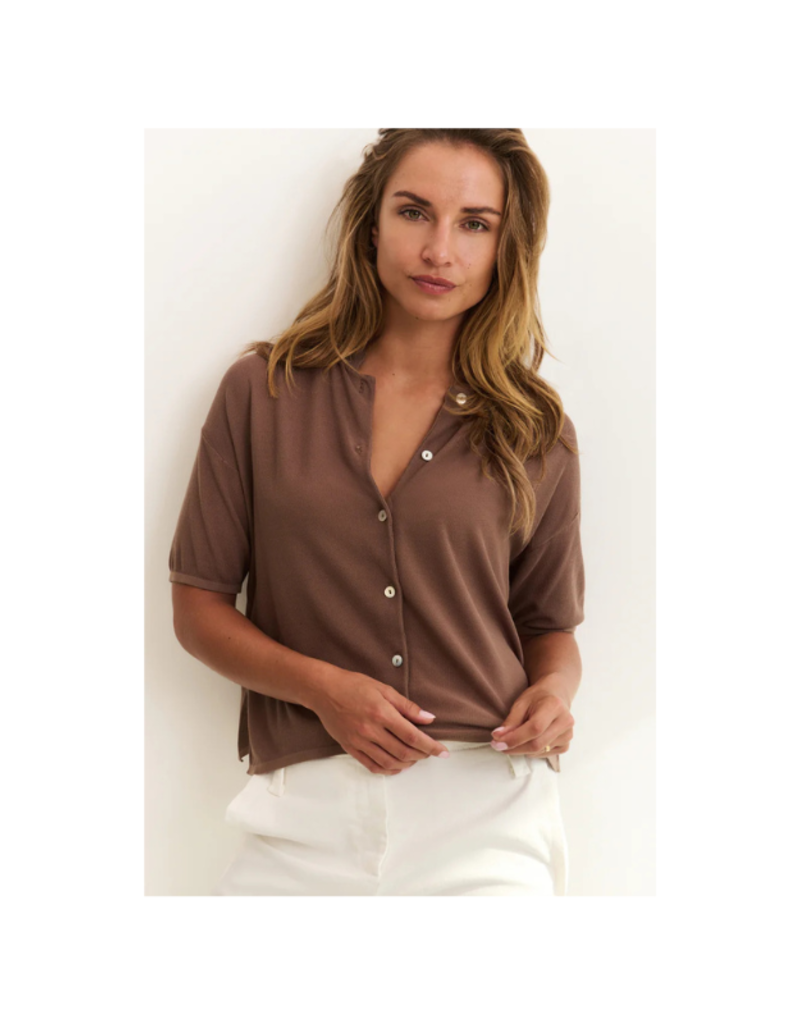 YAYA Short Sleeve Textured Cardigan in Caribou Brown by YAYA