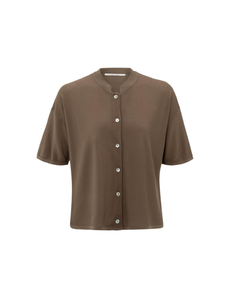YAYA Short Sleeve Textured Cardigan in Caribou Brown by YAYA