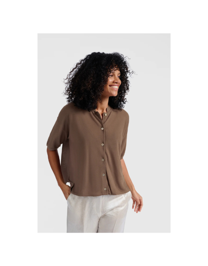 YAYA Short Sleeve Textured Cardigan in Caribou Brown by YAYA