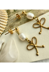 Pika & Bear Fontage Raw Brass Bow and Pearl Drop Earrings by Pika & Bear