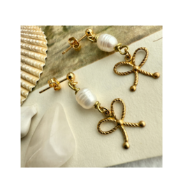 Pika & Bear Fontage Raw Brass Bow and Pearl Drop Earrings by Pika & Bear