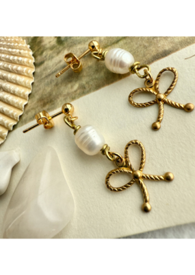 Pika & Bear Fontage Raw Brass Bow and Pearl Drop Earrings by Pika & Bear
