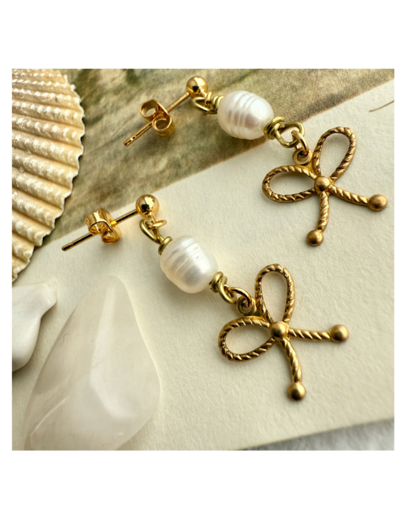 Pika & Bear Fontage Raw Brass Bow and Pearl Drop Earrings by Pika & Bear