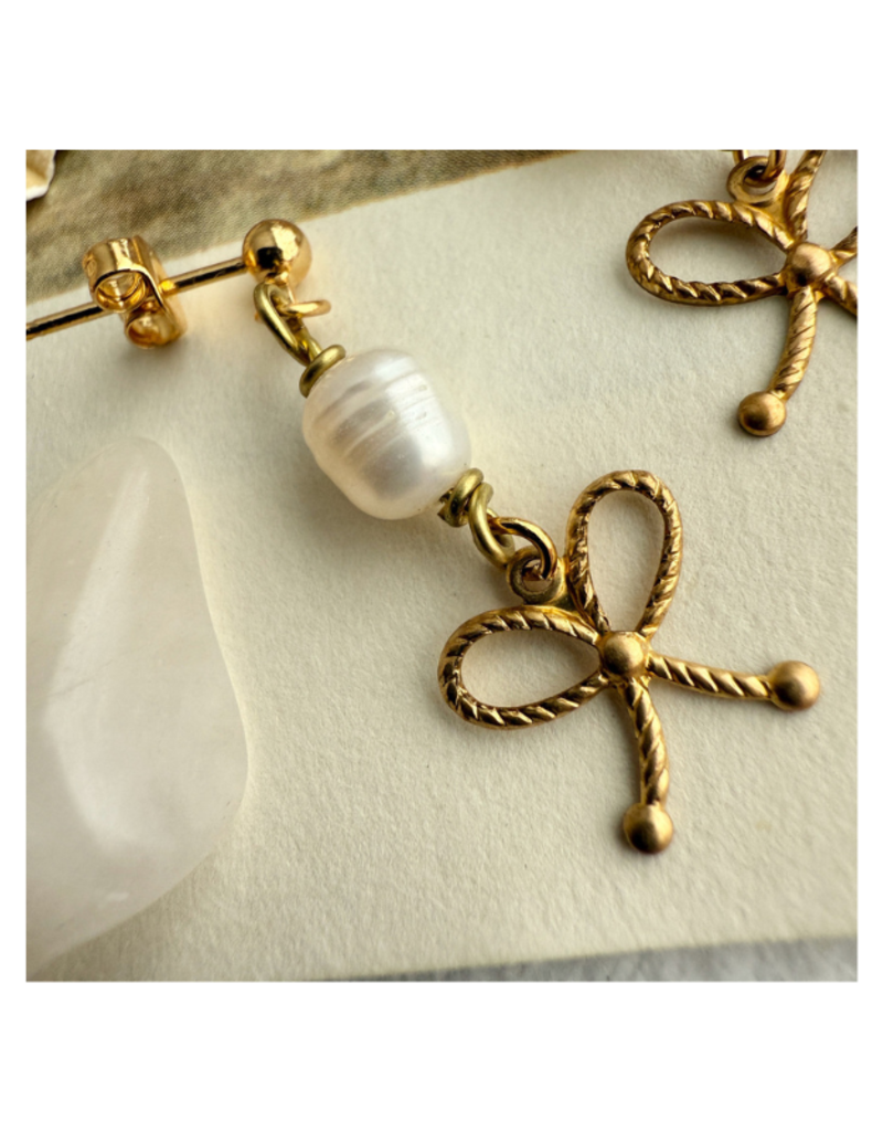 Pika & Bear Fontage Raw Brass Bow and Pearl Drop Earrings by Pika & Bear