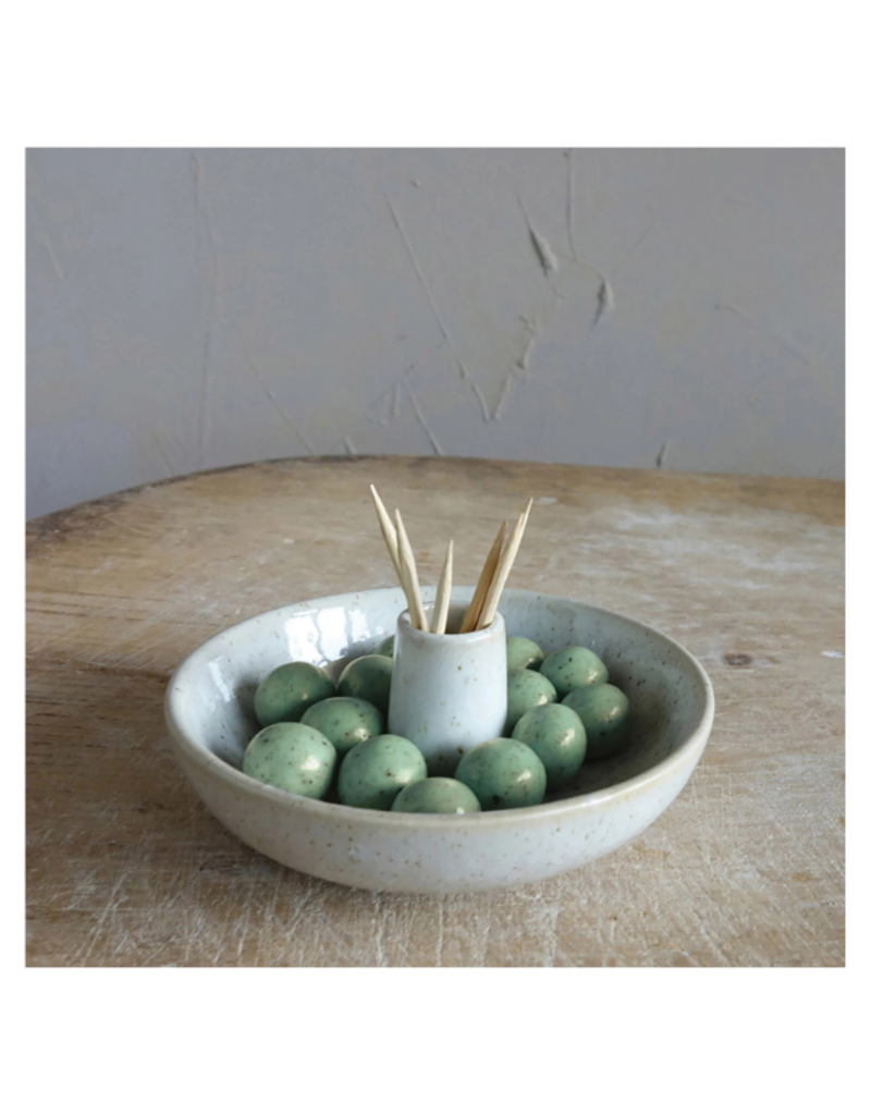 Creative Co-Op Stoneware Olive Dish Toothpick Holder