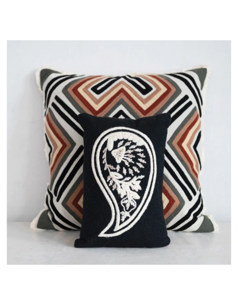 Creative Co-Op Embroidered Black & White Paisley Lumbar Pillow