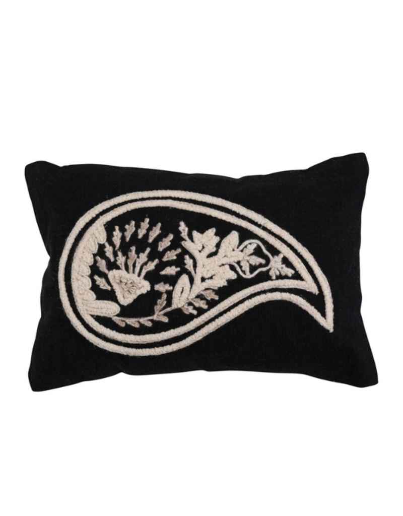 Creative Co-Op Embroidered Black & White Paisley Lumbar Pillow