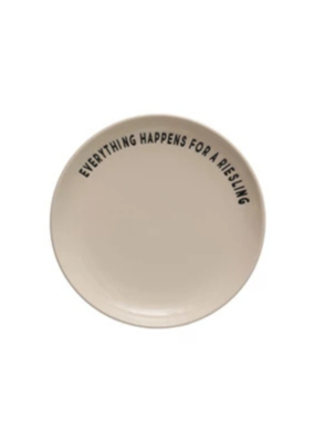 Creative Co-Op Wine Saying Stoneware Plate "Everything Happens for a Riesling"