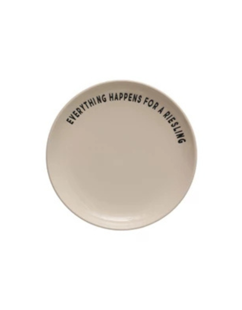 Creative Co-Op Wine Saying Stoneware Plate "Everything Happens for a Riesling"