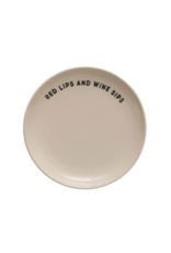 Creative Co-Op Wine Saying Stoneware Plate "Red Lips and Wine Sips"