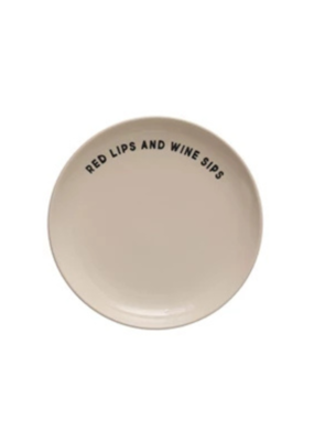 Creative Co-Op Wine Saying Stoneware Plate "Red Lips and Wine Sips"