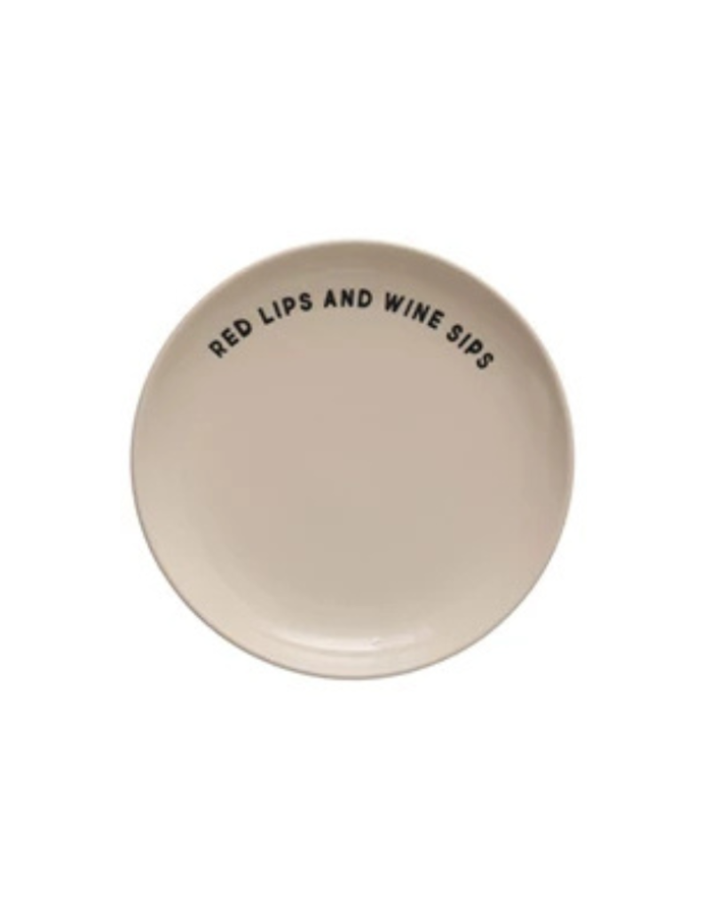 Creative Co-Op Wine Saying Stoneware Plate "Red Lips and Wine Sips"