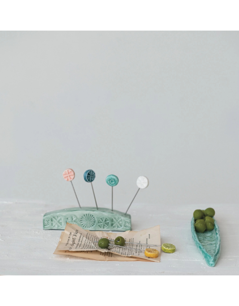 Creative Co-Op Hand-Painted Aqua Embossed Olive Dish