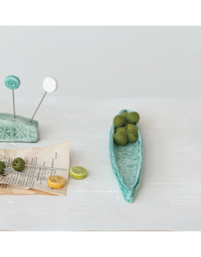 Creative Co-Op Hand-Painted Aqua Embossed Olive Dish