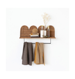Creative Co-Op Rattan Wicker Scalloped Wall Shelf with Metal Rod