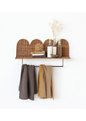 Creative Co-Op Rattan Wicker Scalloped Wall Shelf with Metal Rod