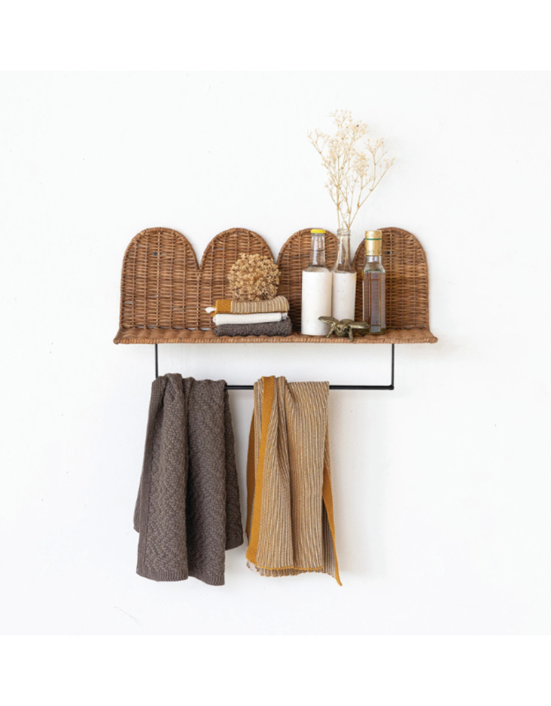 Creative Co-Op Rattan Wicker Scalloped Wall Shelf with Metal Rod