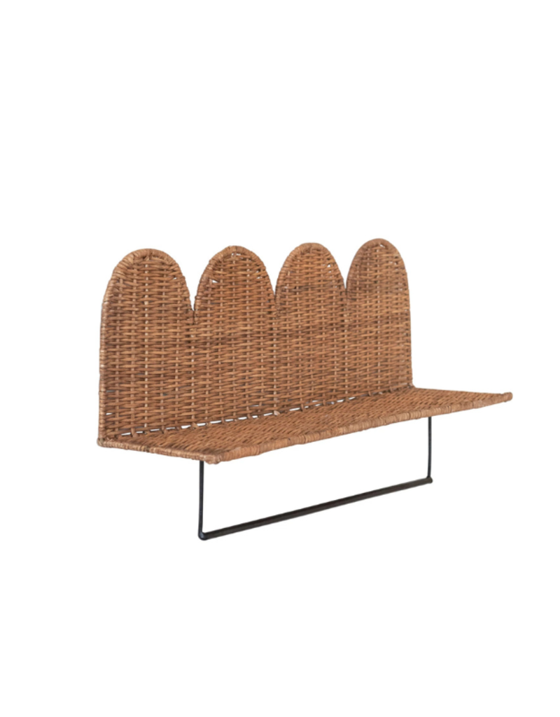 Creative Co-Op Rattan Wicker Scalloped Wall Shelf with Metal Rod