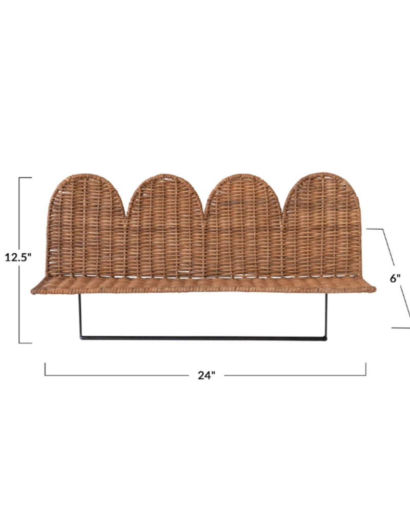 Creative Co-Op Rattan Wicker Scalloped Wall Shelf with Metal Rod