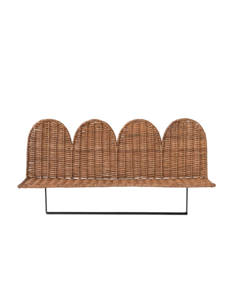 Creative Co-Op Rattan Wicker Scalloped Wall Shelf with Metal Rod