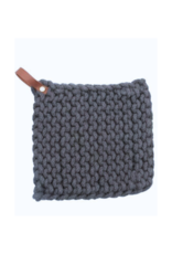 Creative Co-Op Cotton Crochet Pot Holder in Light Grey with Leather Loop