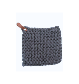 Creative Co-Op Cotton Crochet Pot Holder in Light Grey with Leather Loop