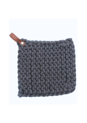 Creative Co-Op Cotton Crochet Pot Holder in Light Grey with Leather Loop