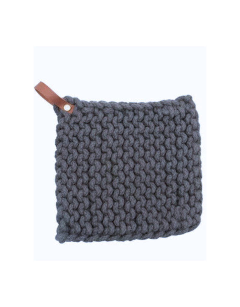 Creative Co-Op Cotton Crochet Pot Holder in Light Grey with Leather Loop