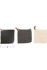 Creative Co-Op Cotton Crochet Pot Holder in Light Grey with Leather Loop