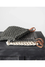 Creative Co-Op Cotton Crochet Pot Holder in Light Grey with Leather Loop