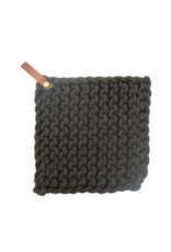 Creative Co-Op Cotton Crochet Pot Holder in Dark Grey with Leather Loop
