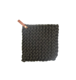 Creative Co-Op Cotton Crochet Pot Holder in Dark Grey with Leather Loop
