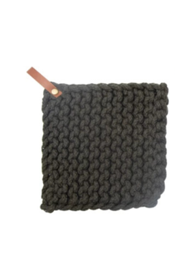 Creative Co-Op Cotton Crochet Pot Holder in Dark Grey with Leather Loop