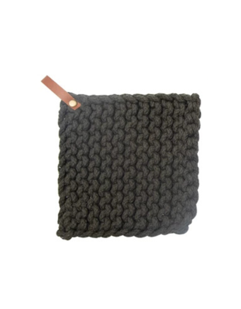 Creative Co-Op Cotton Crochet Pot Holder in Dark Grey with Leather Loop