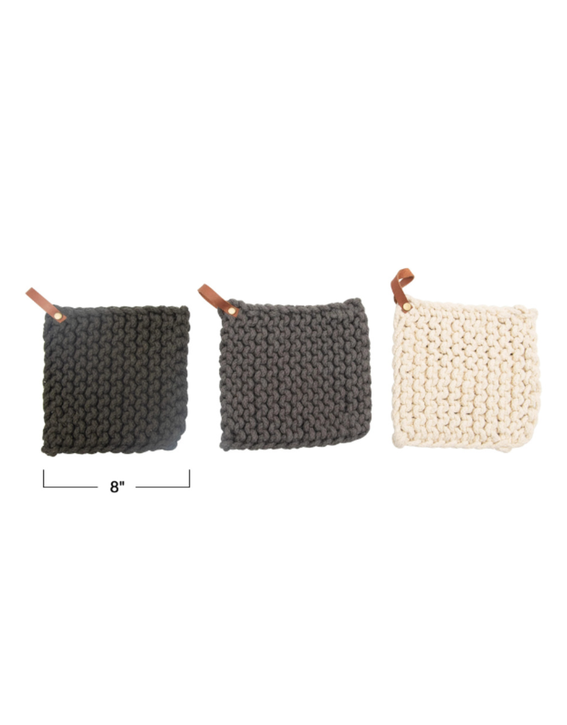 Creative Co-Op Cotton Crochet Pot Holder in Dark Grey with Leather Loop