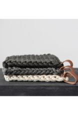 Creative Co-Op Cotton Crochet Pot Holder in Dark Grey with Leather Loop