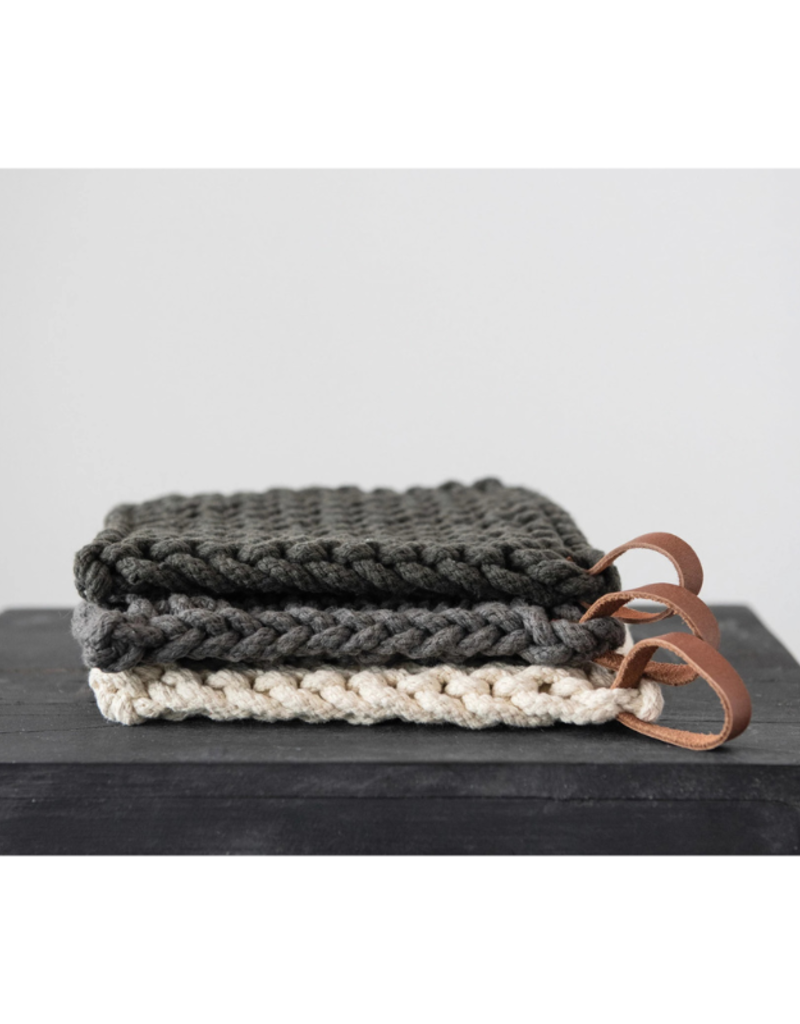 Creative Co-Op Cotton Crochet Pot Holder in Dark Grey with Leather Loop