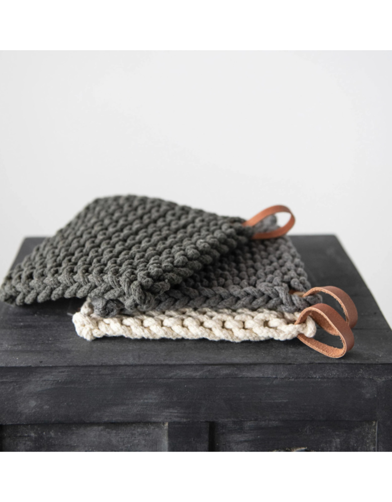 Creative Co-Op Cotton Crochet Pot Holder in Dark Grey with Leather Loop