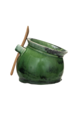 Creative Co-Op Stoneware Green Salt Dish with Wood Spoon