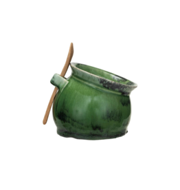 Creative Co-Op Stoneware Green Salt Dish with Wood Spoon