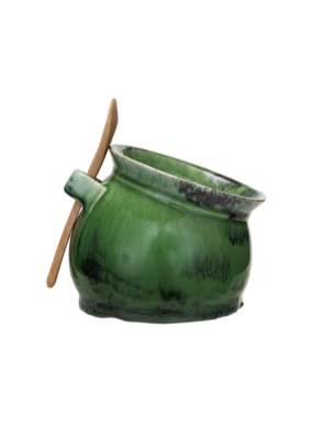Creative Co-Op Stoneware Green Salt Dish with Wood Spoon
