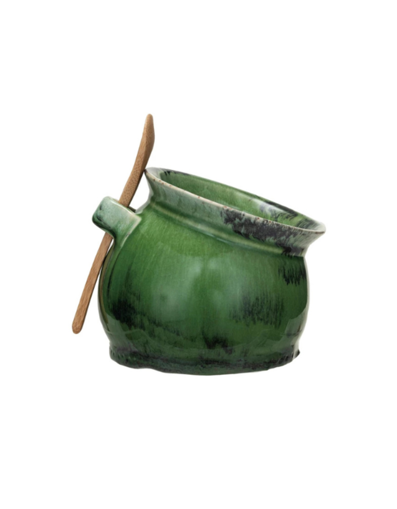 Creative Co-Op Stoneware Green Salt Dish with Wood Spoon