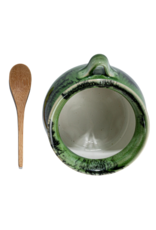Creative Co-Op Stoneware Green Salt Dish with Wood Spoon