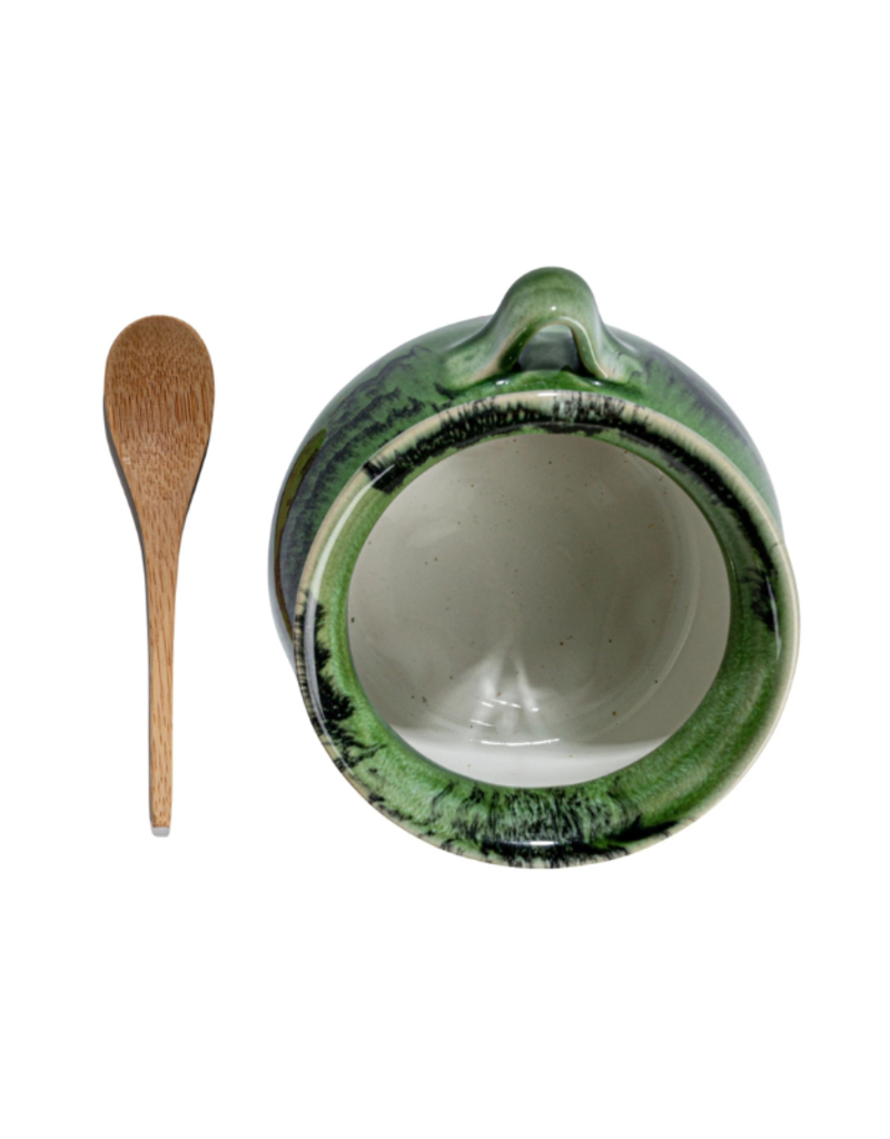 Creative Co-Op Stoneware Green Salt Dish with Wood Spoon