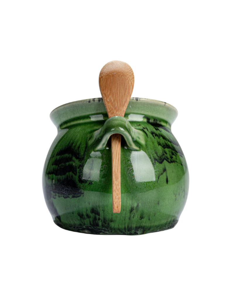 Creative Co-Op Stoneware Green Salt Dish with Wood Spoon
