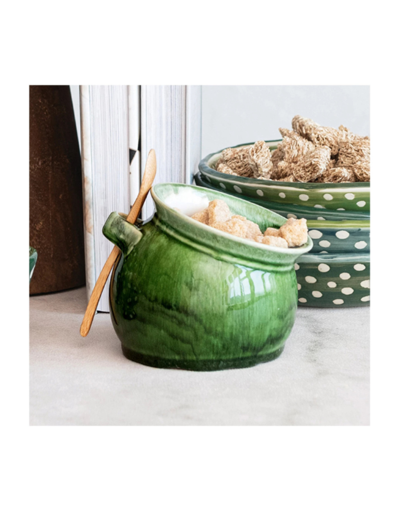 Creative Co-Op Stoneware Green Salt Dish with Wood Spoon