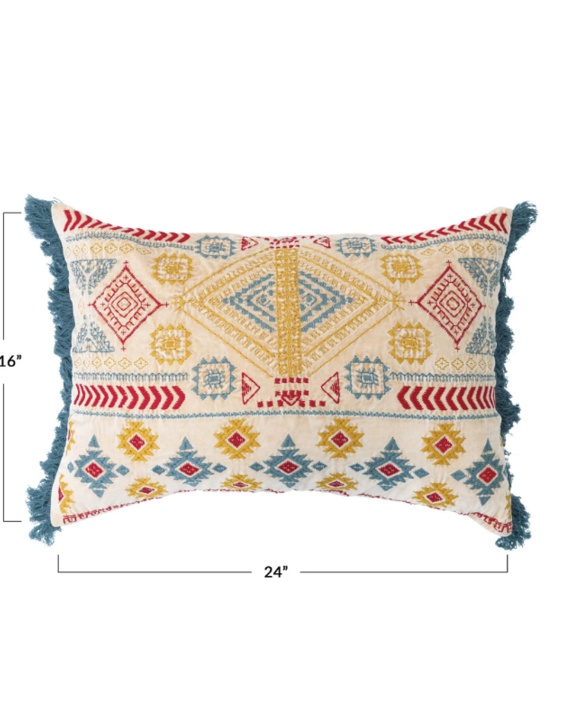 Creative Co-Op Cotton Embroidered Pillow with Fringe 24x16