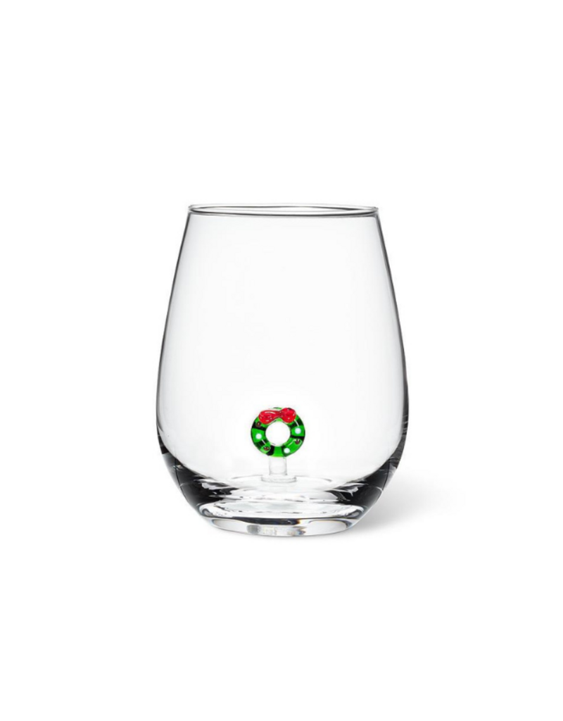 Holiday Stemless Wine Glass with Christmas Wreath
