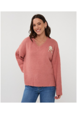 Esqualo V-Neck Brooch Sweater in Guave by Esqualo